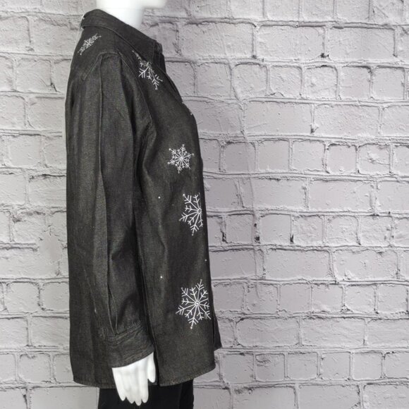 Quacker Factory Grey Denim Rhinestone Snowflake Shirt, Women's Medium - Picture 4 of 11